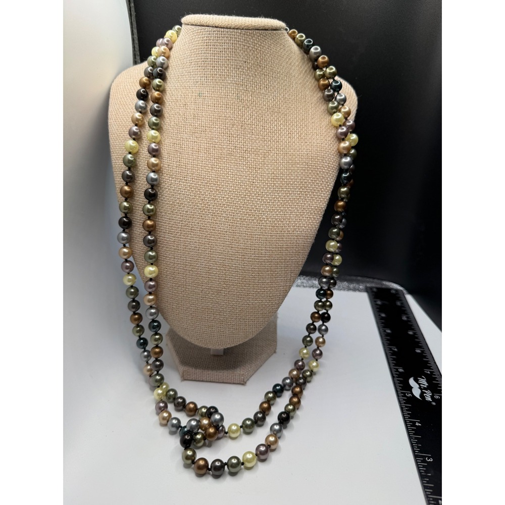 Long Multi Color Faux Pearl Hand Knotted Necklace Bronze Green Silver 48 Inch